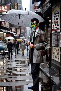 Werewolf in a suit walking the streets of Soho in the rain. He's holding a resraurant menu in his hand. There is a Chinese restaurant called Lee Ho Fuk's in the background. Photograph.