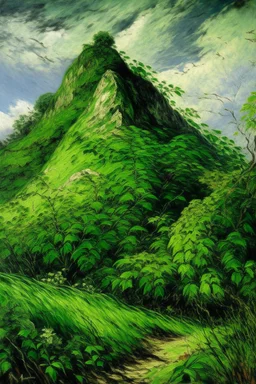 A green leafy mountain with thorny vines painted by Claude Monet