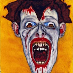 Horror Disfigured bald Vampire,blood big canine teeth with blood, by egon Schiele, dinamic light