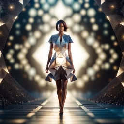 A full-body shot of a beautiful lady walking and looking at the camera within an intricate origami-style 3D fractal interstellar world. The image uses a blurred bokeh effect, folded paper aesthetic, geometric precision, sharp subjec