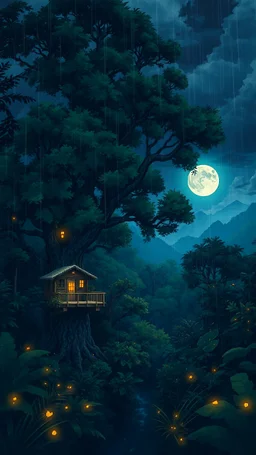 Secluded treehouse, dense jungle, fireflies, moonlit night, anime style anime style , dark clouds , rain, anime style