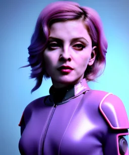 Artist, young madonna, android woman, sweet, clean skin, eyeliner, short hair, circuits, ghost in the shell, latex coat, feather, cyber punk, neon, bamboo, blood, portrait, studio photo, unreal engine 5, soft color, 16 bit, god lights, ray tracing, RTX, lumen lighting, ultra deatail, volumetric lighting, 3d, finely drawn, hd.