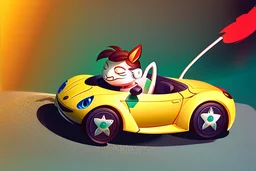 whimsical cartoony sports car with a small mascot character driving it, celshaded comic style, happy atmosphere