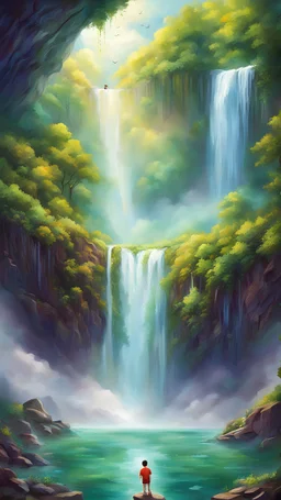 a boy in heaven, vibrant color, waterfall, clouds, green