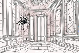 One day there was a long window open, and inside the palace there was a dark room, and the window of that palace was broken and had a spider web in it, and the picture appeared from the outside. Someone was looking at someone inside, cartoon, 2D.