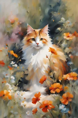 Willem Haenraets style painting, close up portrait of a Calico cat, in the Garden, painted by Willem Haenraets