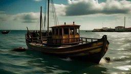 Un barco partiendo del puerto al estilo Salvador Dalí.