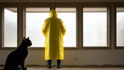 A person wearing a yellow raincoat is standing in a deserted room looking out a window. A black cat is sitting nearby, watching the person.