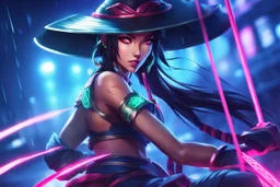 Akali in 8k anime drawing style, akali custom, msak, close picture, rain, neon, intricate details, highly detailed, high details, detailed portrait, masterpiece,ultra detailed, ultra quality