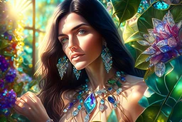 brunette woman in coloured glass gress set with gemstones, glittering metal stems and gemstone leaves in a flowergarden sharp focus elegant extremely detailed intricate very attractive beautiful dynamic lighting fantastic view crisp quality exquisite detail in the sunshine gems and jewels