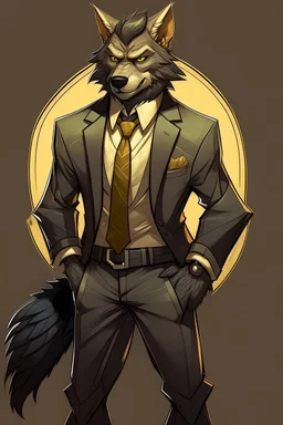 Buff, anthro, wolf, himbo, black fur, gold eyes, wearing a suit, full-body