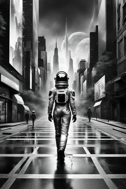 picture from a grayscale cityscape. In the middle a human walking in irridescent space suit on the street, a color step transition 3d figure , high contrast between her and the black and white space, enhancing the contrast between her and city, ultra quality, high digital illustration, cinematic, sci-fi, surreal, dystopian atmosphere, stunning