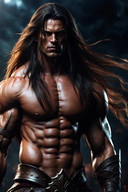 Muscular male warrior with long hair. Photorealistic. 4k. Dark Fantasy