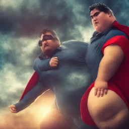 Fat Superman, realistic, midjourney, dramatic light, close up, smoky background, high detail, cinematic, vignette