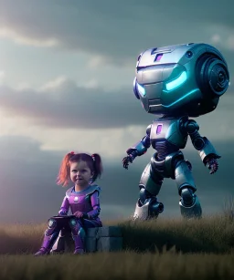 little girl sitting inside a big robot suit, white and purple