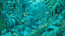 A cyan rainforest with poisonous plants painted by MC Escher