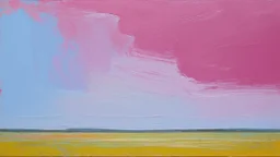 Gran lienzo con amplios campos de color magenta translúcido y azul pálido que se funden suavemente sin transiciones abruptas, superficie completamente uniforme y sin pinceladas visibles, composición abierta y luminosa que prioriza la relación óptica del color sobre la expresión emocional, estilo de abstracción pospictórica y Color Field Painting.