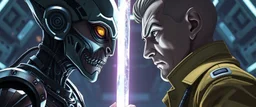 Close-up confrontation between an ancient alien outcast leader synth and a space broker, standing only a meter apart, intense eye contact, discomfort, glowing crystalline rod between them, anger mixed with sadness, dramatic facial expressions, shallow depth of field, cinematic lighting, stylized 3D anime, airbrush painting, crisp outlines, escher