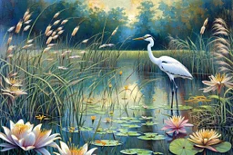Richly textured mixed media layered painting in the styles of Georges Seurat, Samuel Palmer and Georgia O'Keeffe, a dreamy lily pond with wildflowers and lime grass, with a beautiful crane standing in the far background amidst a thicket of cattails. insanely detailed crisp HD quality. metallic pastel colours. Modifiers: Arthur Rackham Paul Klee pen and ink JAMES R. EADS dreamy expressionism 3D shading Edward Gorey metallic colors Esao Andrews Acrylic Pouring hallucinatory dramatic atmosphere and