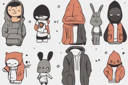 6 simple shaped hand drawn cartoon characters that are cute dark and have hoodies