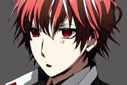 Detailed pretty anime boy, brown hair with blonde strips, keep head in frame, headshot, glaring, brown eyes, covered in bandages, looking serious, illustration, digital painting, only one character, color scheme red, wearing many bandages, Osamu Dazai inspired, anime inspired, manga, dazai, red hair, Chuuya, pretty, scruffy, angry, brooding, manga inspired, small nose, long lower eyelashes, handsome, widows peak, headshot, glaring, cute, wearing a bandage on neck, small nose, scruffy hair