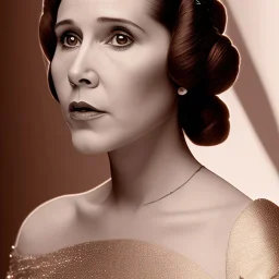 analog style, half-length color photo shoot, three-quarter face pose of carrie fisher as Princess Leia with realistic fine and very simple short hair, entrancing deep brown eyes, Intricate, High Detail, Sharp focus, realism, rim lighting, Nikon D850, ef 85mm 5.6 by Annie Leibovitz, dark plain background