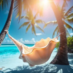 Conch shell Double Exposure scene of a tropical beach with a hammock between two palm trees double exposure on its shell :: amazing multiple exposure digital illustration, 4D, close-up, light negative space