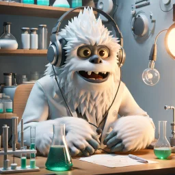 Render in Blender 3D: A Yeti epidemiologist sits in a well-lit lab, headphones on, deeply engrossed in a podcast. On the desk beside him are various lab equipment and a freshly made panini, steam rising from it. His expression is one of contentment and curiosity, combining his love for science and food.