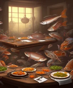 supper, fish sit at the table and eat pieces of people.