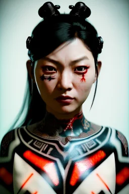 Studio photo portrait, Asian woman samurai, yakuza body tattoos, symmetry photography, cyberpunk, army dress, japanese traditional ornaments, red, white, black, led wires, glow eyes, cinematic, Ultra realistic, wide angle view, soft color, highly detailed, unreal engine 5, RTX, ultra detail, 3d, finely drawn, high definition.