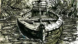 boat inside a lock ink art