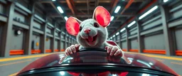 car driving happy 2d neon fluffy orc racer rat with human hands in the style of Escher and Giger and Fallout 4, pinhole cam, airbrush 3d rendering, on tv screen:A five-second cinematic single take in a clean industrial presentation hall.