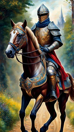 Full body alienígena antropomorfico humanoide con traje de caballero medieval montado en un caballo arte ilustración impresionista calidad ultra hiperdetallado intrincado maximalista 12k