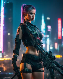 Sci-fi slim Ukrainian girl with big breasts in military t-shirt and shorts with slim trousers action shooting a sniper rifle with neon lights of Japan's cyberpunk night city in the background