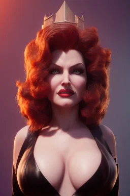 Rita Hayworth as evil queen in black leather, busty, cleavage, curvy, angry, stern look. character design by cory loftis, fenghua zhong, ryohei hase, ismail inceoglu and ruan jia. unreal engine 5, artistic lighting, highly detailed, photorealistic, fantasy