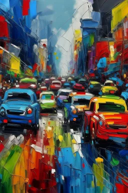 City street traffic jam in abstract expressionist painting in vivid colors, thick impasto brushstrokes, spontaneous drips and splatters, texture and movement, explore emotions and ideas through non-representational forms --v 5.2