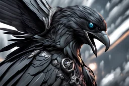 Symbiote Cyber Machine crow in 8k anime realistic drawing style, black wings, close picture, apocalypse, intricate details, highly detailed, high details, detailed portrait, masterpiece,ultra detailed, ultra quality