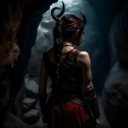 a beautiful tiefling woman with dark hair in a sleeveless battle outfit, seen from the back, at the edge of a precipice in a cave, ready to jump, photo quality, dark colors