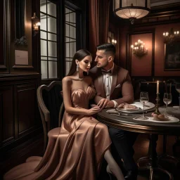 Diseñá a tronchatoro con apariencia de mujer intelectual sencible vestimenta sensual yelegante en un ambiente romantico y de paz cenando en un restoran con su amado. .