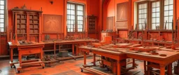 A salmon orange colored workshop with machines painted by Leonardo da Vinci