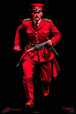 poster of a german soldier(uniform and face based on racist steriotypes) running towards viewer, a knife i one hand, and a gun(barrel pointing at viewer) in the other. retro poster monochrome with white background