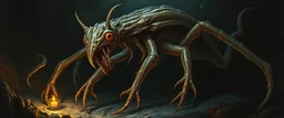 master oil painting by Rembrandt, good afternoon gremlin hydraulic Fathomlurker in London "An abyssal creature with translucent skin revealing writhing organs, many spindly legs and elongated fingers, eyes like lanterns scattered across its body, tentacles that ripple silently, lurking in black depths, almost invisible, emitting an eerie blue glow."