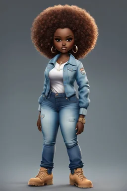 create a digital image of a plus size chibi dark skinned Black female wearing a light blue jean outfit with timberland boots. Prominent make up with brown eyes. Highly detailed tight ombre curly afro 2k