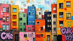 Colorful abstract urban landscape with various buildings, windows, and graffiti-like elements