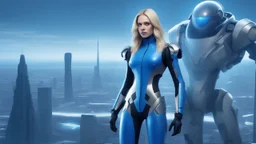 A full-body photograph of a young, slender woman with blond shoulder-length hair in a sleek blue jumpsuit, with an android in a huge metal exosuit with a helmet standing guard beside her, standing in a futuristic cityscape with advanced spacecraft behind them