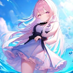 Clear focus,High resolution, Blue long hair, Light pink eyes,Wearing a pink short skirt,wearing a black collar,Looking away from the viewer, Blurry floating water