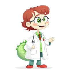 Cartoon illustration for children: Female Doctosaurus in a white doctor's coat, white background