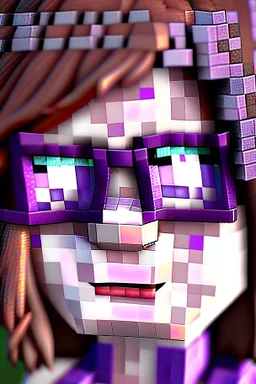 a close-up portrait of a purple Minecraft face, female, Gucci glasses,cute,3d, large pixel style