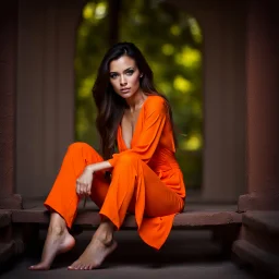 Beautiful 25 year old woman sitting wearing an orange jumpsuit and bare feet. dark fantasy