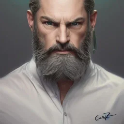 "MIddle aged white human male, with a trimmed but uneven beard, piercing green eyes with slick back hair head and shoulders portrait, 8k resolution concept art portrait by Greg Rutkowski, Artgerm, WLOP, Alphonse Mucha dynamic lighting hyperdetailed intricately detailed Splash art trending on Artstation triadic colors Unreal Engine 5 volumetric lighting Splash art fantasy"